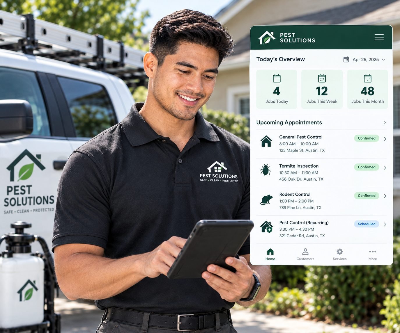 Pest control technician checking re-booked service appointments on a tablet after a customer reactivation campaign